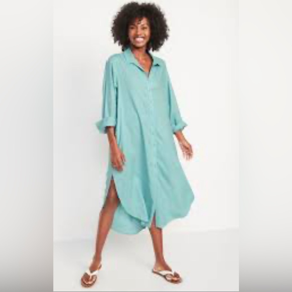 NWT Old Navy Mint Loose Midi Button-Front Shirt Dress Size M Tall